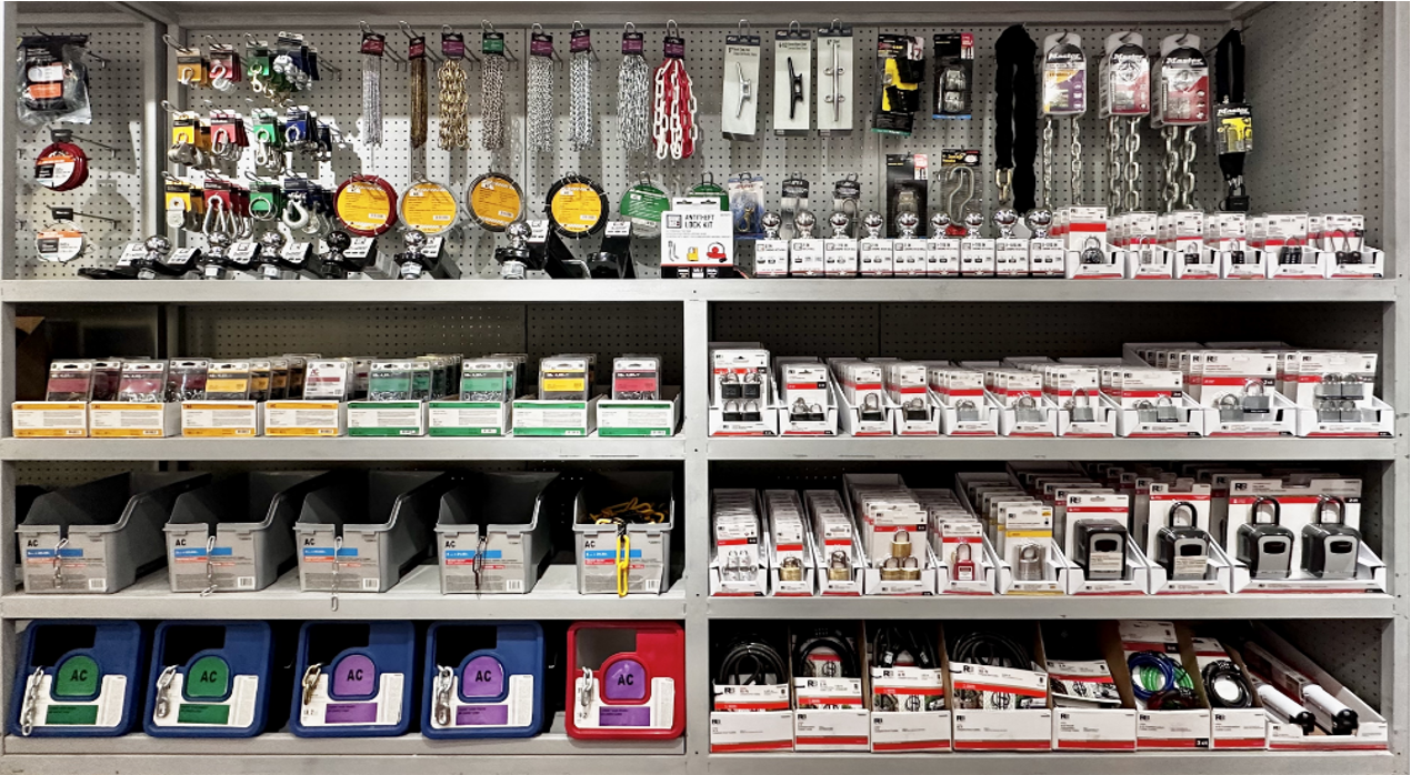 Full hardware bay showing chains, towing, and locks